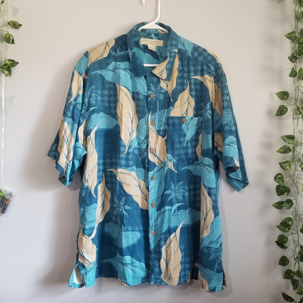 Island Republic Blue 100% Silk Leaf 2XL Shirt Button Up Short Sleeve Tropical